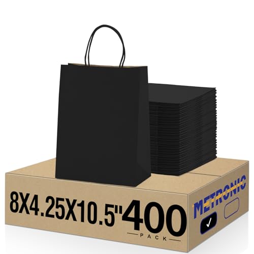 METRONIC 400 Pcs Black Paper Gift Bags with Handles 8x4.25x10.5 Inch Bulk - color: Black, size: 1 Count (Pack of 400)
