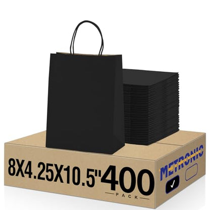 METRONIC 400 Pcs Black Paper Gift Bags with Handles 8x4.25x10.5 Inch Bulk - color: Black, size: 1 Count (Pack of 400)