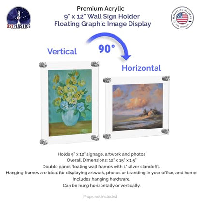 Wall Sign Holders Clear Acrylic 9 x 12 Frame with Silver Standoffs Overall Dimensions: 12" x 15" x 1.5" Peel Protective Film Door Name for Hotels Medical Conference Room Marketing Holders - size: 9 x 12 inches