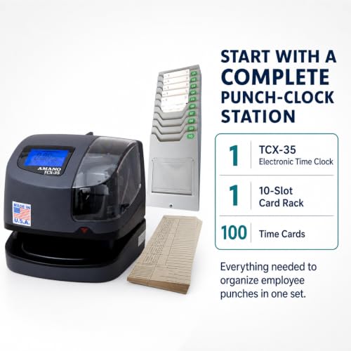 AMANO TCX-35 Time Clock Starter Pack, Includes Card Rack and 100 Time Cards, Electronic Punch Clock for Small Business, Made in USA (Bundle) - style: Starter Pack