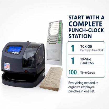 AMANO TCX-35 Time Clock Starter Pack, Includes Card Rack and 100 Time Cards, Electronic Punch Clock for Small Business, Made in USA (Bundle) - style: Starter Pack