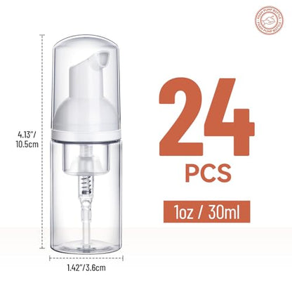 24-Pack 1oz/30ml Refillable Foam Pump Bottles – Travel-Size Portable Foaming Dispensers for Hand Sanitizer, Soap, Lotion, & Shampoo (Clear Plastic)