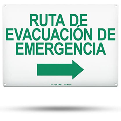 TRADESAFE Emergency Evacuation Route Arrow Right Sign – Ruta De Evacuación De Emergencia Spanish Sign, Quick Install, Light Reflective, UV-Resistant, Waterproof, 14” X 10” Aluminum Safety Signs - style: Ruta De Evacuación De Emergencia Arrow Right