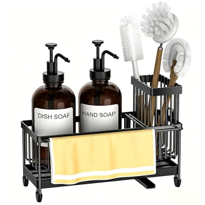 Kitchen Soap Dispenser Set with Sponge Holder and Towel Rack, 17OZ Glass Bottle, Hand and Dish Soap Dispenser Set, Non-Slip Silicone Pad, Brush Holder, Kitchen Sink Caddy Organizer Countertop (Amber) - color: Amber