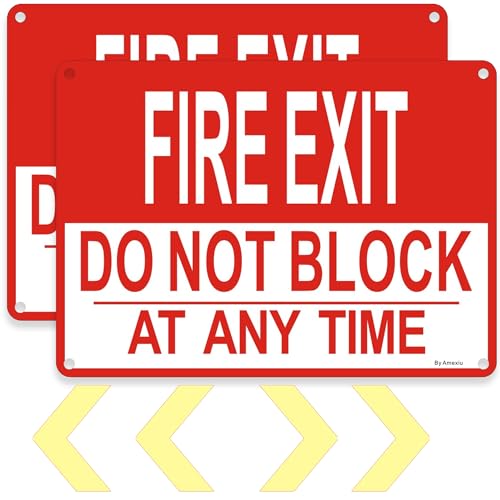 2 Pack Fire Exit Sign, Do not Block Door at All Times Metal Signs,10 x 7 Inches Emergency Exit Sign with Extra Arrows Sticker Included, Fade Resistant&Rust-Free - style: 2 PACK-Fire Exit