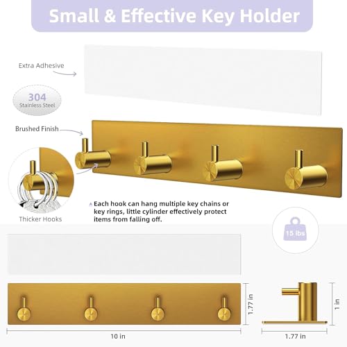 VIS'V Key Holder Wall Mount, Large Adhesive Key Hanger with 4 Hooks, Gold - color: Gold