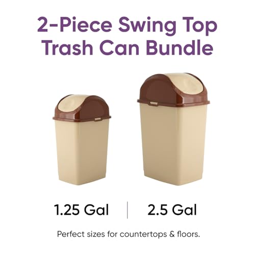Superio Mini 1.25 Gallon and Small 2.5 Gallon Plastic Trash Cans with Swing Top Lid, Grey Waste Bin for Countertop, Desk, Vanity, Bathroom, 2 Pack (Beige/Brown) - size: 1.25 and 2.5 Gallon, style: 2 Pack
