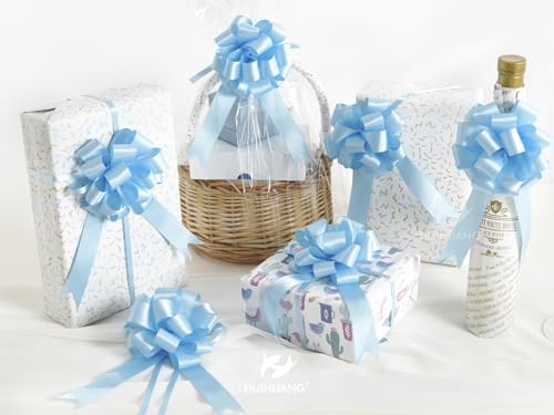 HUIHUANG Baby Blue Satin Pull Gift Bows for Baby Boy Shower, 12 PCS - color: Baby Blue, size: 1 Pack (12 bows, 4 in x 8 in)