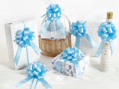HUIHUANG Baby Blue Satin Pull Gift Bows for Baby Boy Shower, 12 PCS - color: Baby Blue, size: 1 Pack (12 bows, 4 in x 8 in)