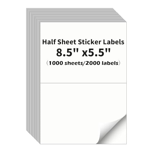 Half Sheet Labels, 2 per Sheet, 1000 Sheets, 2000 Labels, 8.5" x 5.5" Size - size: 8.5" x 5.5", style: 1000 sheets