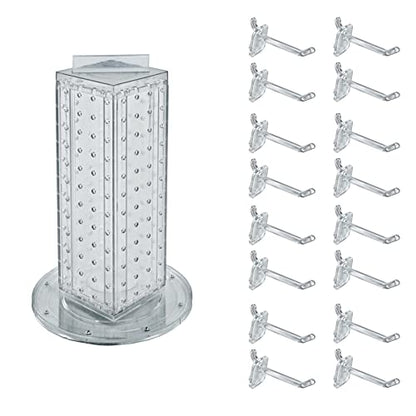 Azar Displays 700220-CLR-2C16 Four-Sided 4”W x 12” Revolving Pegboard Tower Kit Counter Display with 16-Pack of 2 inch Locking Hooks, Clear - color: Clear, style: Pegboard + Hooks