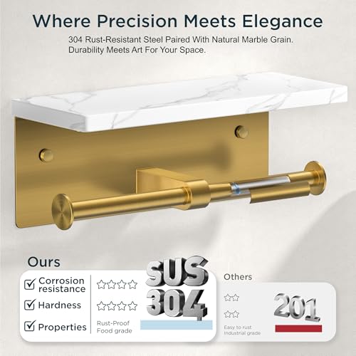 FORIOUS Double Marble Toilet Paper Holder with Phone Shelf, Commercial - color: Brushed Gold, size: Double Roll