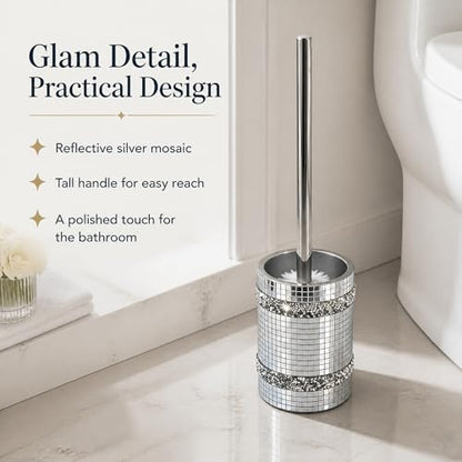 Silver Mosaic Toilet Brush Easy to Clean Household with Holder Set - size: Toilet Brushes Holders