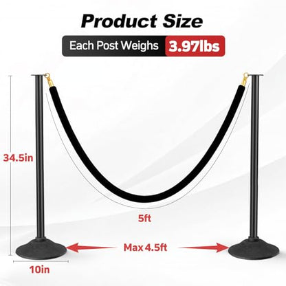 BATTIFE 2 Pack Plastic Stanchion Posts, 10-in Base, Black Velvet Rope - color: Black, size: 34.5inch