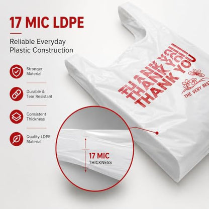 17 Mic T-Shirt Plastic Grocery Bags 12 x 7 x 22, Pack of 400 with Handles