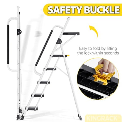 KINGRACK 5 Step Ladder, Folding Step Ladders for Home, 800lb Capacity,White - size: 5-STEP