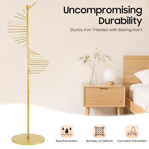Freestanding Scarf Display Rack, Metal Spiral Scarf Holder with 30 Rods, Hijab Stand Belt Pants Hanger Organizer for Locker Room, Home, Office, Commercial Shopping Mall, Clothing Store (17X67in Gold)