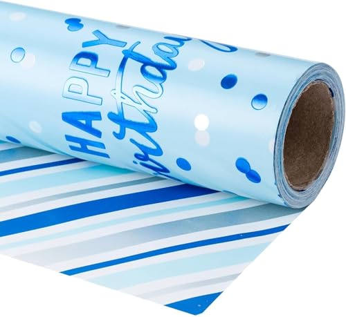 LeZakaa Reversible Blue Birthday Wrapping Paper Roll for Boys Men, Happy Birthday Lettering & Stripe Pattern with Metallic Foil in Blue, Mini Roll, 17 inches x 9.8 Feet - color: Birthday - Metallic Blue, size: 17" X 9.8 ft