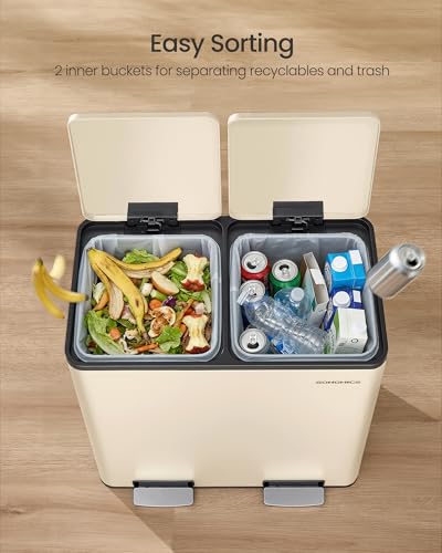 SONGMICS Trash Can, 2 x 8 Gallon (2 x 30 L) Double Compartment - color: Almond, size: 2 x 8 Gal.