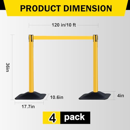 10 ft Crowd Control Stanchion Set, Yellow Crowd Control Barrier with Retractable Belts & Rubber Base, Queue Management Stanchion (4 Pack) - size: Rubber Base-4 Pack