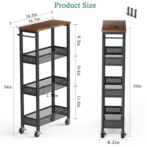 XYZLVSI Utility Slim Storage Cart, 4 Tier Kitchen Narrow Shelf on Wheels - size: 16.7"Dx7.1"Wx34"H