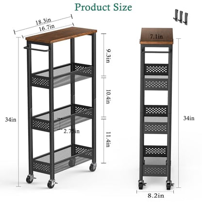 XYZLVSI Utility Slim Storage Cart, 4 Tier Kitchen Narrow Shelf on Wheels - size: 16.7"Dx7.1"Wx34"H