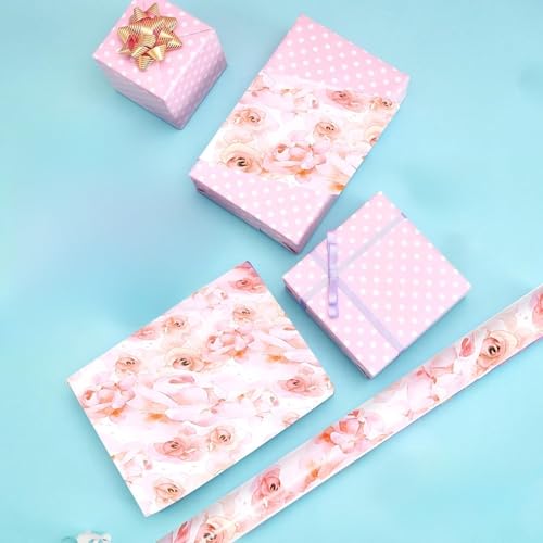 Pink Flower Wrapping Paper, Reversible Pink Wave Point Baby Girl Women Wrapping Paper Gift Wrap for Birthday, Valentines, Mothers day, Graduation, Wedding, Fathers day, Baby Shower (17in x 32.8ft) - color: Pink Floral