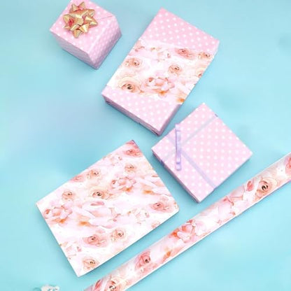 Pink Flower Wrapping Paper, Reversible Pink Wave Point Baby Girl Women Wrapping Paper Gift Wrap for Birthday, Valentines, Mothers day, Graduation, Wedding, Fathers day, Baby Shower (17in x 32.8ft) - color: Pink Floral