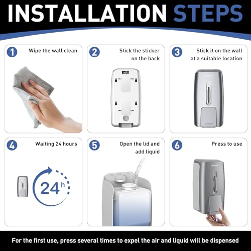 Commercial Soap Dispenser Wall Mount Manual Pump Hand Soap Dispenser 800ml Gel Liquid Hand Sanitizer Dispenser Self Adhesive for Home Bathroom (Silver) - color: Silver