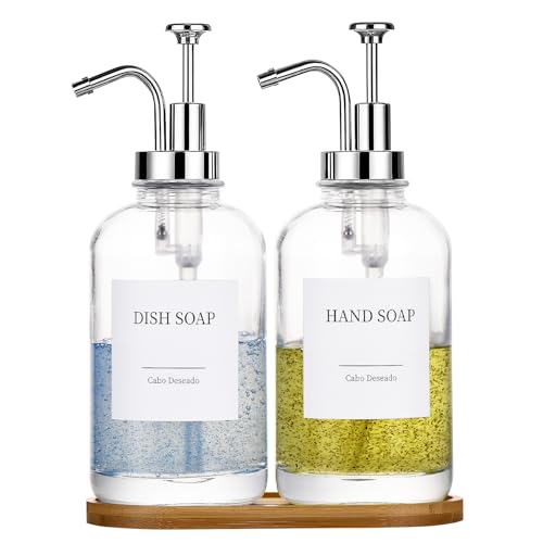 Glass Soap Dispenser with Pump, Dish and Hand Soap Dispenser for Kitchen Bathroom Set, Clear Glass Dispenser Set of 2 Pack with 18 Stickers Funnel Bamboo Tray 500ml 18oz / Sliver Pump - color: Glass+sliver