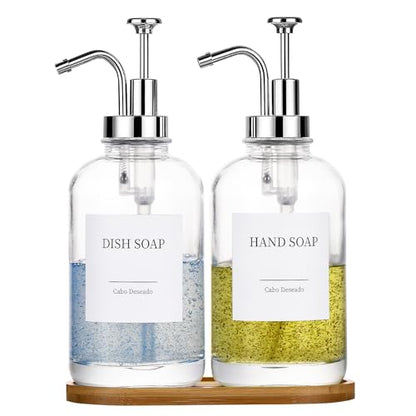 Glass Soap Dispenser with Pump, Dish and Hand Soap Dispenser for Kitchen Bathroom Set, Clear Glass Dispenser Set of 2 Pack with 18 Stickers Funnel Bamboo Tray 500ml 18oz / Sliver Pump - color: Glass+sliver