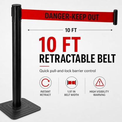 4-Pack Black Crowd Control Stanchions with 10FT Red Retractable "Danger Keep Out Belt", Heavy Duty Safety Barrier Posts for Construction, Warehouses & Events - color: Danger Keep Out Belt, size: Rectangular Base