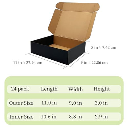 24 Pack 11x9x3 inch Black Shipping Boxes, Cardboard Packaging Mailing Boxes - size: 11x9x3 Inches