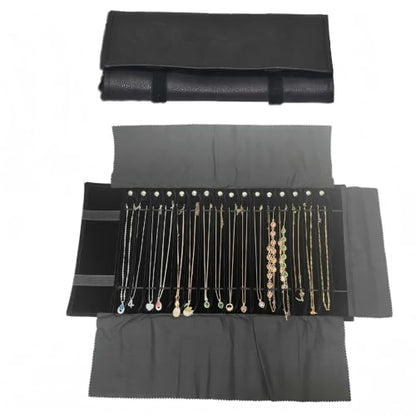 Travel Necklace Organizer, Tangle Free Jewelry Case, 16 Slots - color: black PU and velvet