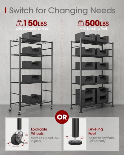 Sakugi 5-Tier Storage Shelves 33.1" x12.6" x73.5" Black with Wheels - color: Black, size: 33.1W x 12.6D x 73.5H(5T)