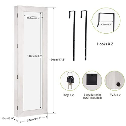 SRIWATANA Washed White Jewelry Cabinet with Full Length Mirror, Solid Wood - color: Washed White
