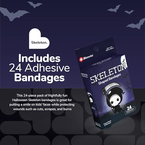 BioSwiss Bandages, Halloween Skeleton Shaped Self Adhesive Bandage Set, Latex Free, Sterile Wound Care, 24 Count - size: 24-Count Box, style: Skeleton