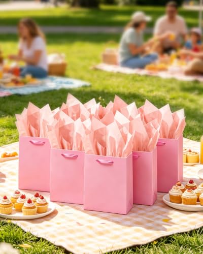 qiqee 10PCS Pink Mini Gift Bags with Tissue Paper Handles 6.3"x4.7"x2.4" Small Size Present Party Favor Bags（Tissue Paper ） - color: Pink, size: 1 Count (Pack of 10)