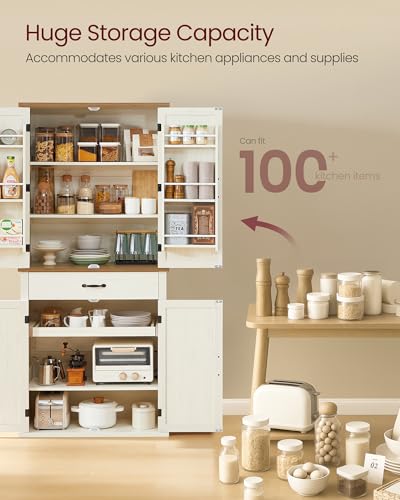 VASAGLE Pantry Cabinet, Freestanding Tall Cupboard with a Drawer - color: Rustic White