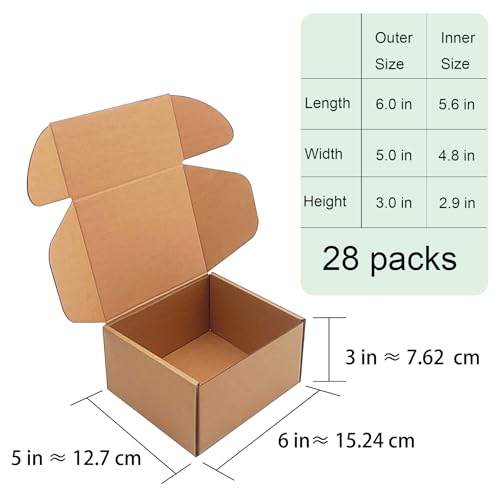 6x5x3 inch Shipping Boxes, Bulk 28 Pack, Brown Corrugated Cardboard Mailers - size: 6" x 5" x 3"
