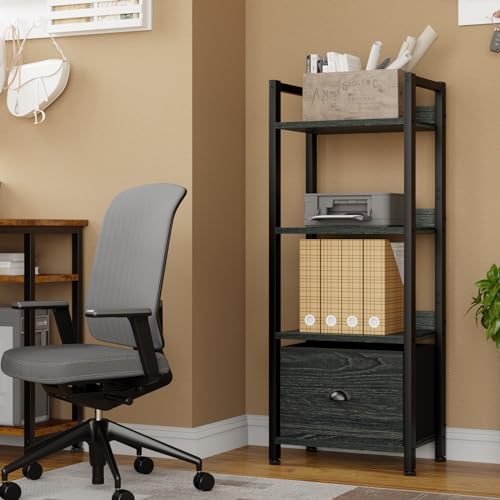 Furologee 4 Tier Bookshelf with Drawer, Small Narrow Bookcase, Black Oak - color: Black Oak, size: 4 Tier