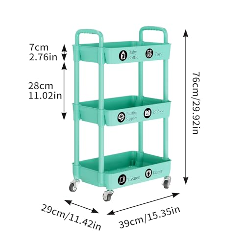 3 Tier Rolling Cart with Wheels, Utility Storage Carts,Green - color: Green, size: 3-Tier