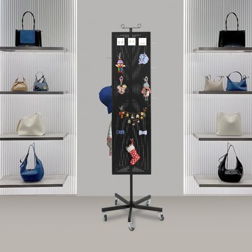 Triangular Metal Pegboard Panels Display with 20 Hooks, Black Pegboard Display Stand with Wheels, Jewelry Display Rack, Art Display Stand for Retail Shops, Boutiques