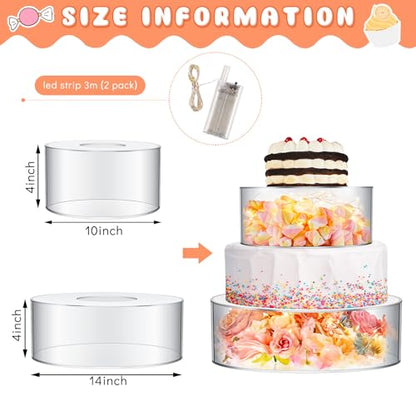Sunnyray 2 Pcs Acrylic Cake Stands for Dessert Table Clear Fillable Cake Riser Cupcake Tier with LED Strings for Birthday Wedding Holiday Party Display(10", 14") - size: 10", 14"