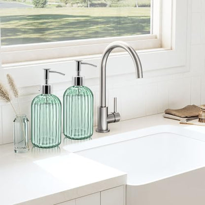 2 Pack Glass Soap Dispenser Bottle with Pump, 14 Oz Refillable Liquid Hand Jar Dispenser for Bathroom, Countertop, Kitchen, Laundry Room (Light Green) - color: Light Green