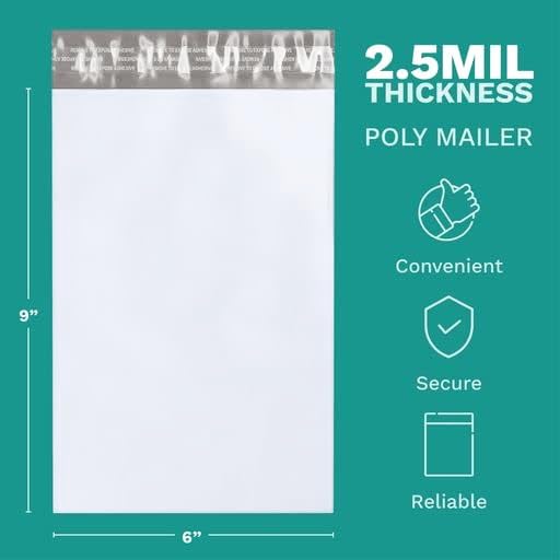 6" x 9" Poly Mailer Envelopes - 200 Count, Self Seal White Plastic Mailing Bags with Adhesive Strip, 2.5 Mil Thick, Waterprrof & Tear/Puncture Proof Unpadded Shipping Mailers - GPI - size: 6" x 9"