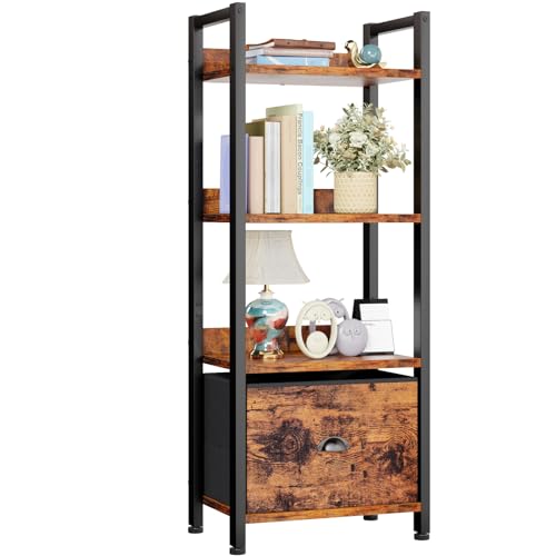 Furologee 4 Tier Bookshelf with Drawer, Small Narrow Bookcase, Rustic Brown - color: Rustic Brown, size: 4 Tier
