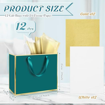 ReliThick 12 Pack Paper Gift Bag with Handles & Tissue, Turquoise,Gold - color: Turquoise,Gold
