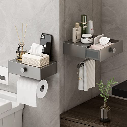 VOLDRA Toilet Paper Holder with Shelf Gray Wipes Dispenser for Bathroom Toilet Paper Holder with Storage Upgrade Drawer Design Toilet Tissue Holder Adhesive Small Bathroom Shelf Wall Mount - color: Gray