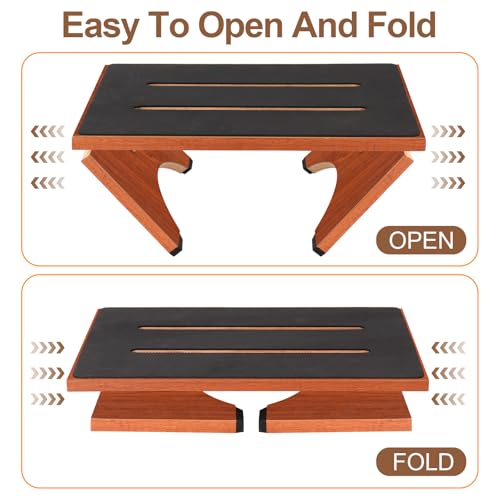 Step Stool Foldable, Wooden Step Stool with Non-Slip Rubber Stepping Feet, Folding Platform Step Stools for Adults Seniors in Kitchen, Home, Bedroom, Office, Rv, Easy to Carry,450 LBS Capacity (Brown) - size: 7 Inch High